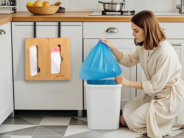 Image of RIVAA Eco-Friendly Bamboo Trash Bag Holder - Complete with Built-in Dispenser, Removable Hinged Lid, and Sleek Design for Space Saving and Convenience!