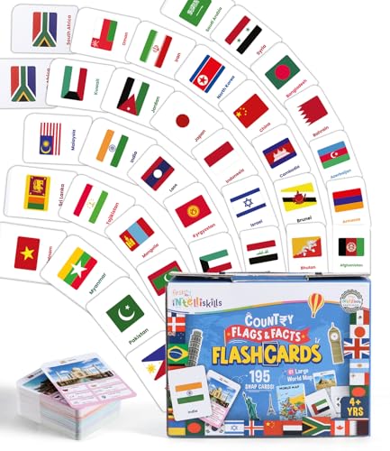 Image of Intelliskills Premium 195 Country Flags & Facts Flashcards with Large World Map for Kids, World Flags Learning Set for Boys & Girls, Fun Geography & Culture Study, Double-Sided, Ideal for Gifting