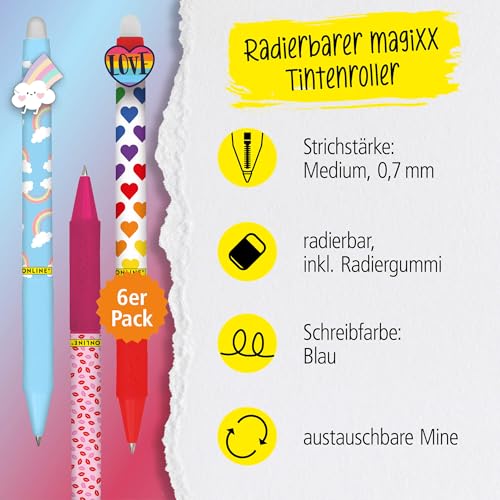 Online MagiXX, 6 x Fun Love & Peace Erasable Gel Pens, Blue, 0.7 mm, Erasable, Surprise for Valentine's Day, Gift Idea for Him and Her - Image 2