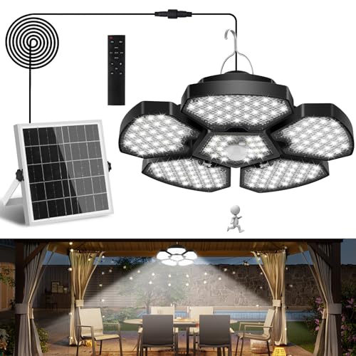 NATPOW Lampe Solaire Interieur avec Détecteur de Mouvement, 6000K Lampe Solaire avec Télécommande, 5M Câble, Suspension Exterieur Pliable, IP65 Étanche...