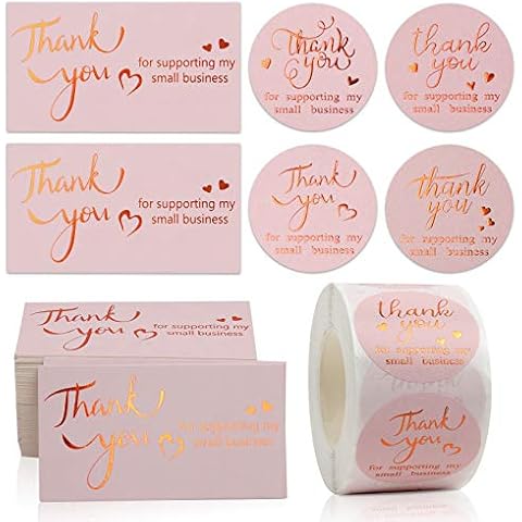 600 PCS Thank You Business Cards, 100PCS Gold Foil Pink Thank You for Your Order Greeting Cards 500PCS 1.5” Thank You Labels Stickers Roll for Business Owner Handmade Goods Cover