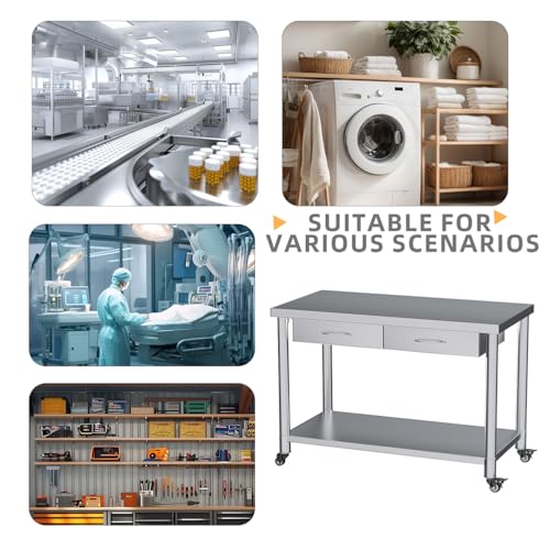 Image of Stainless Steel Work Table with Drawers, 48 inchx24 inch Prep Table for Commercial Kitchen, Heavy-Duty Workbench Worktable Rolling Kictchen Island with Wheels for Home Kitchen and Restaurant