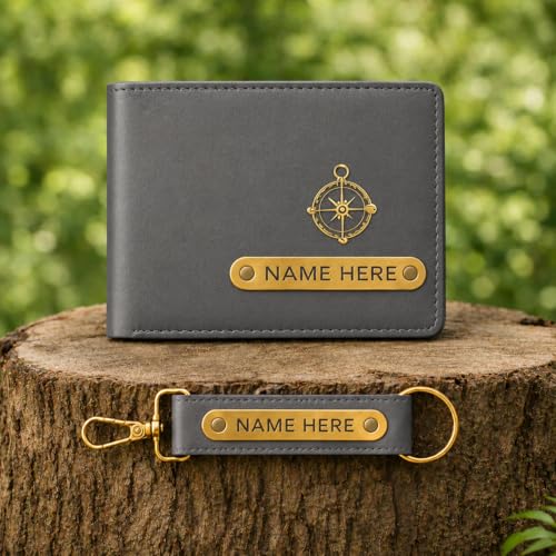 Image of Premium Customized Wallet & Keychain Combo for Men - Stylish Faux Leather Gift Set with Personalized Name & Charm - Ideal Birthday, Anniversary & Festival Present (Grey)