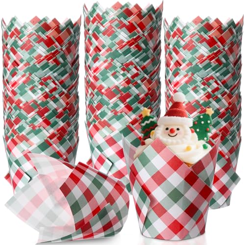 Maxdot 200 Pcs Christmas Plaid Tulip Cupcake Liners for Baking
