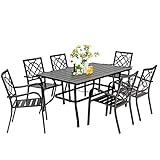 SUNCROWN 7-Piece Outdoor Wrought Iron Chairs and Table Patio Dining Furniture Set - 6 Stackable Metal Chairs and 1 Rectangular Steel Slat Bistro Table with 1.57' Umbrella Hole for Garden Backyard Deck