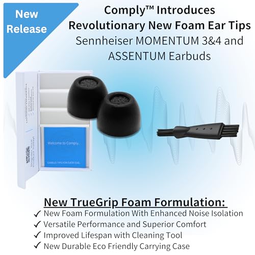 Image of Comply TrueGrip Premium Memory Foam Replacement Ear Tips, Black, Medium | 3 Pairs, for Sennheiser Momentum 3, 4, ACCENTUM, Enhanced Comfort, Secure Fit, Superior Noise Isolation, Cleaning Tool