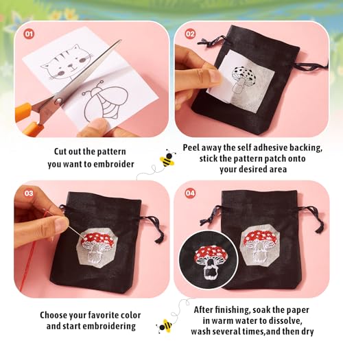Image of Magibeads 68 Patterns Animal Mushroom Water-Soluble Embroidery Dog Cat Flower Ladybug Dragonfly Stick and Stitch Embroidery Paper Starter Kit for Hand Sewing Beginners Adult