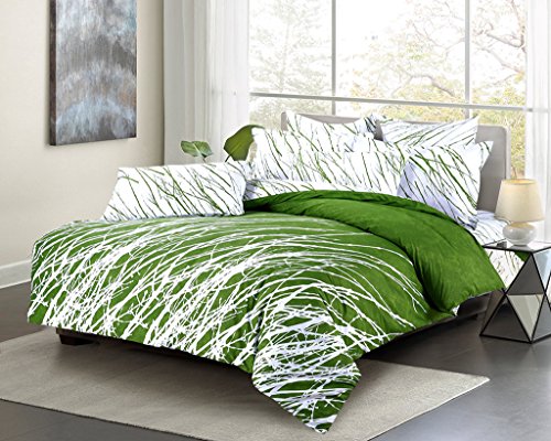 Swanson Beddings Tree Branches 3-Piece 100% Cotton Bedding Set: Duvet Cover and Two Pillow Shams (Green White, Queen)
