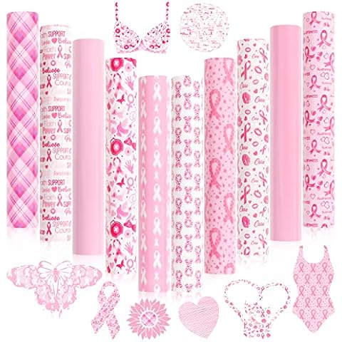 KINGSOW Pink Heat Transfer Vinyl: 10 Pack 12x10 Inch Breast Cancer Awareness Pink Ribbon Pattern Buffalo Plaid Print HTV Iron on Vinyl Bundle Sheets for Cricut Cover