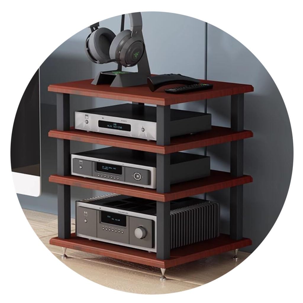 Armadietto audio a 4 ripiani marrone con mensola AV con supporto per giradischi, organizer moderno per sistemi home theater e collezione di dischi in vinile
