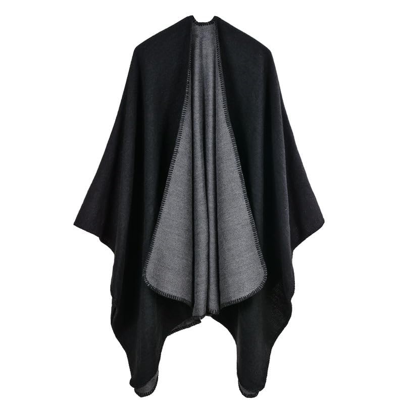 Women's Warm Winter Knitted Reverseable Shawl Ruana Wraps Wrap Cape Winter Sweaters Open Front Poncho cape Open Coat for Female Girl Women (Black & Grey)-image-40