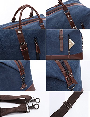 BAOSHA Oversized Canvas PU Leather Travel Tote Duffel Bag Weekender Overnight Bag (Black)