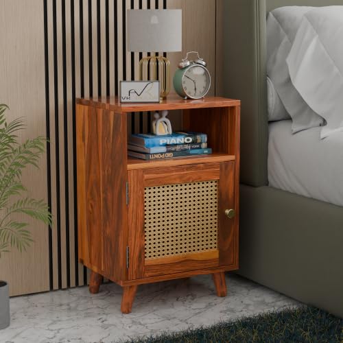 Image of Solid Sheesham Wood Bedside Table with Natural Cane Rattan Door & Open Shelf | Wooden Nightstand with Storage Cabinet | End Table for Bedroom (Honey Finish)