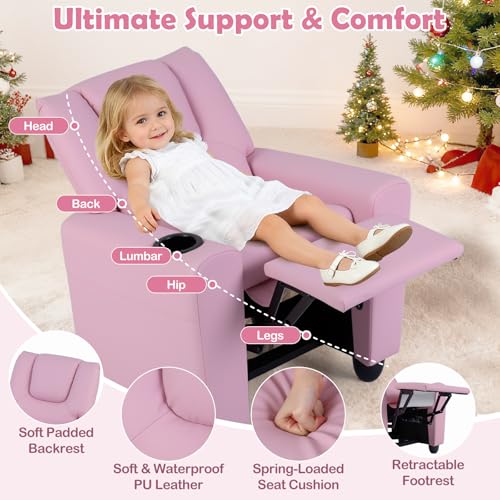 Image of Kids Recliner, Toddler Lounge Chair w /Cup Holder, Wide Armrest, Kids Sofa w /Adjustable Footrest, Comfy Toddler Recliner Chair for for Boys & Girls 3 + (PU, Pink)