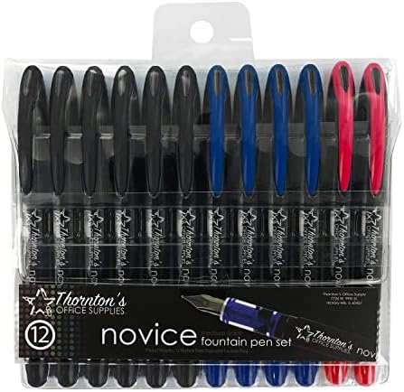 Thornton's Office Supplies Novice Disposable Fountain Pens Pack of 12 Medium Point Assorted Business Colors 6 Black Ink 4 Blue Ink 2 Red Ink - Reusable Drawing Journaling Hand Lettering Calligraphy