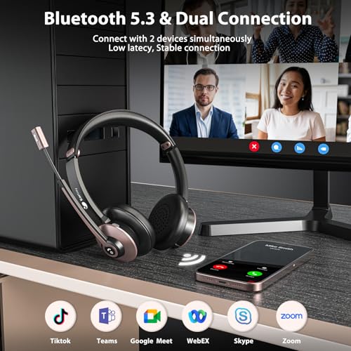 Earbay Bluetooth Headset, Wireless Headphones with Microphone Noise Cancelling, On Ear Headphones with Mic Mute, Handsfree PC Headsets for Zoom/Ms Teams/Skype 26H Playtime|Dual Connect|Laptop