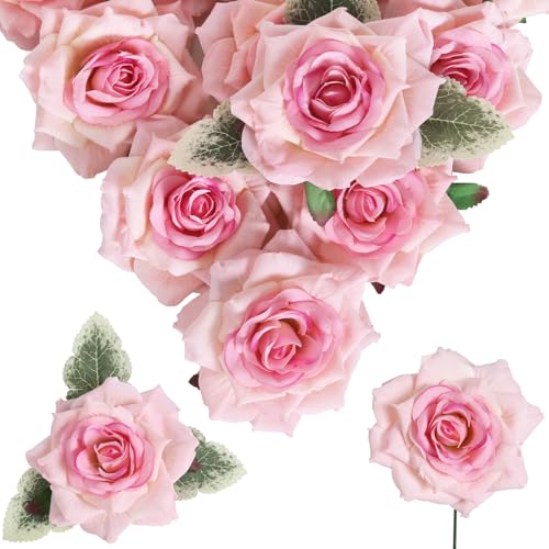 INSUNSIX Pink Roses Artificial Flowers 4.3" Velvet Roses 16pcs Pink Flowers Artificial for Decoration Fake Pink Roses for Wedding Bridal Bouquets Party Centerpieces Home Table Decor (Pink)
