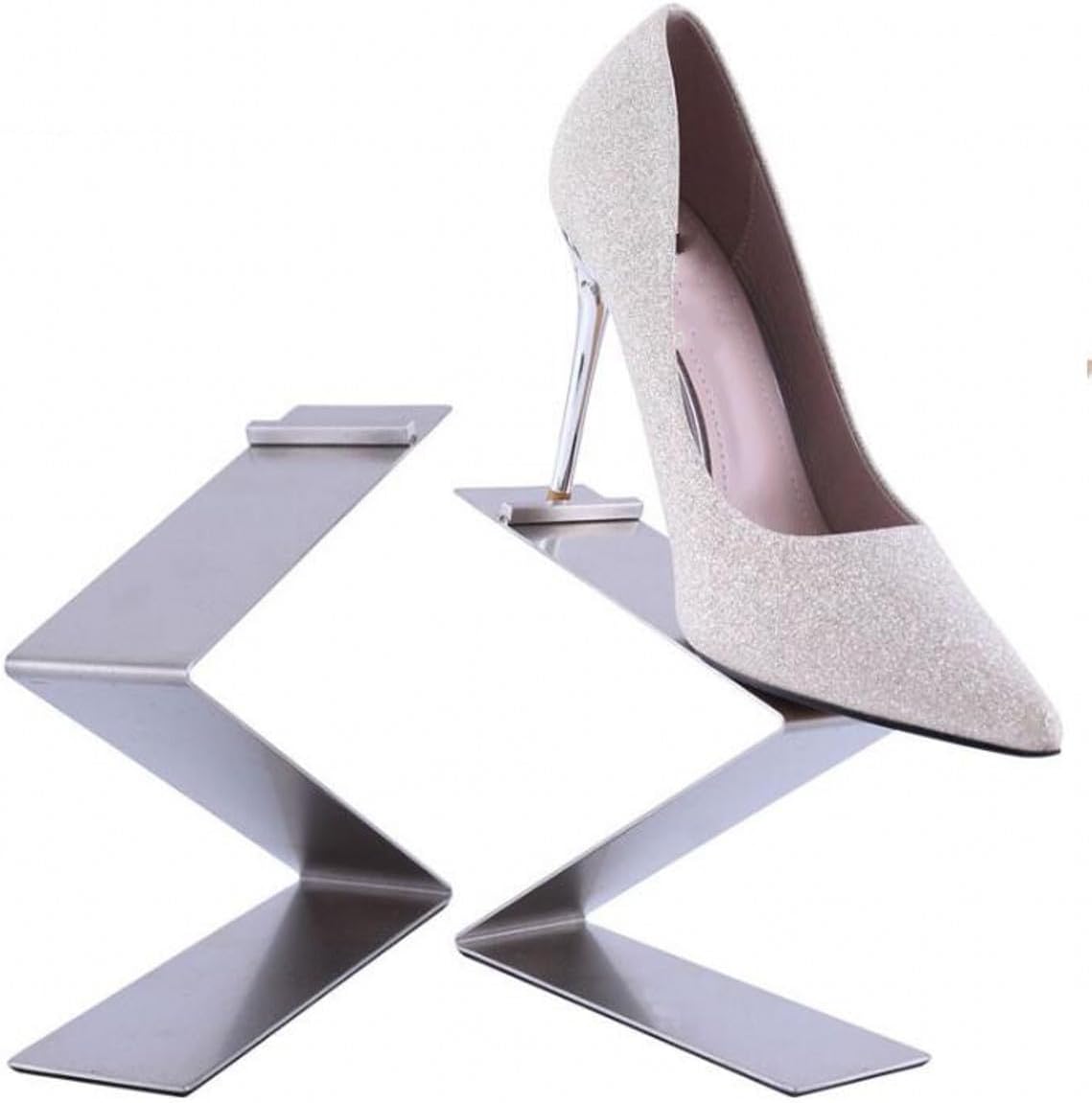 2 Pack Z Shape Silver Stainless Steel Footwear Risers, Shoe Props for Leather Heels, Retail Mall Store Counter Display Holders