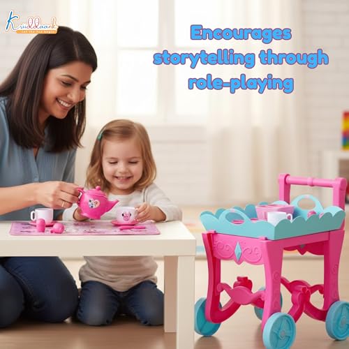 Image of Minnie Tea Trolley Set for Kids - 32 Pcs Pretend Play Tea Party Toy with Electronic Kettle, Lights & Music - Battery Operated Educational Kitchen Set, Pink, Gift for Girls Age 3+