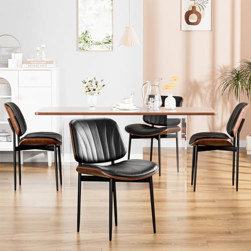 YaFiti Juego de 4 sillas de comedor, sillas de comedor y cocina, con certificación FSC, silla moderna de mediados de siglo, sillas tapizadas de piel sintética para tocador con madera curvada de nogal