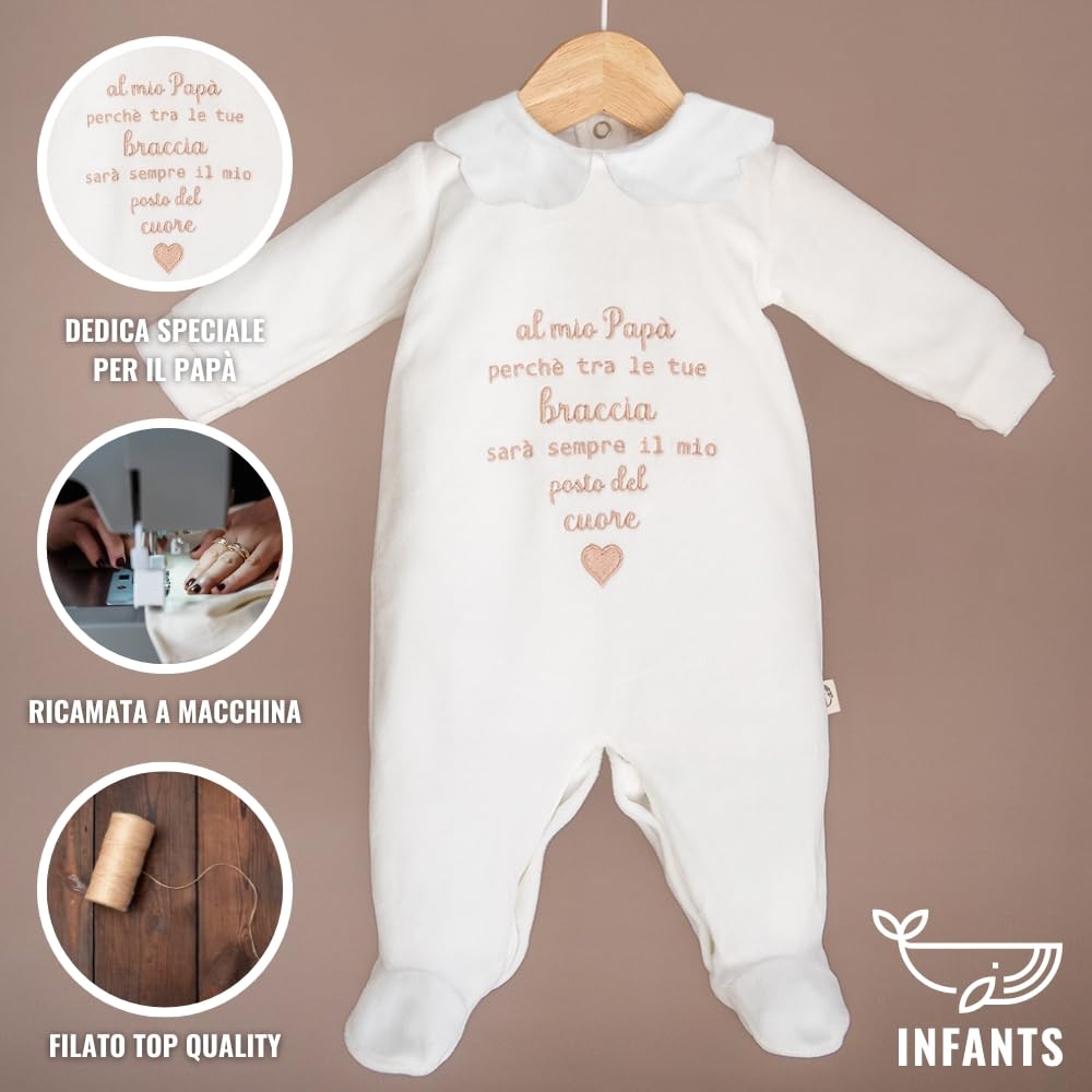 Infants - Tutina Neonato 0-3, 3-6 mesi Femmina con dedica per Papà Ricamata - in Ciniglia - Idea Regalo nascita bimba - Adatta come regalo per la festa del Papà - Made in Italy