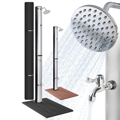 Arebos Solardusche 40L & Bodenelement Anthrazit | inkl. Abdeckhaube | mit integriertem Thermometer & Fußdusche | Pooldusche für den Garten | Wassertemperatur bis 60°C | Silber-Schwarz