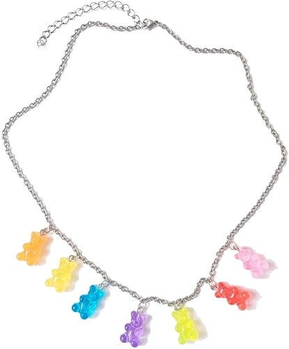 RUIZHEN - Collar de 7 colores con diseño de oso de dibujos animados y cadena de acero inoxidable para niñas y mujeres