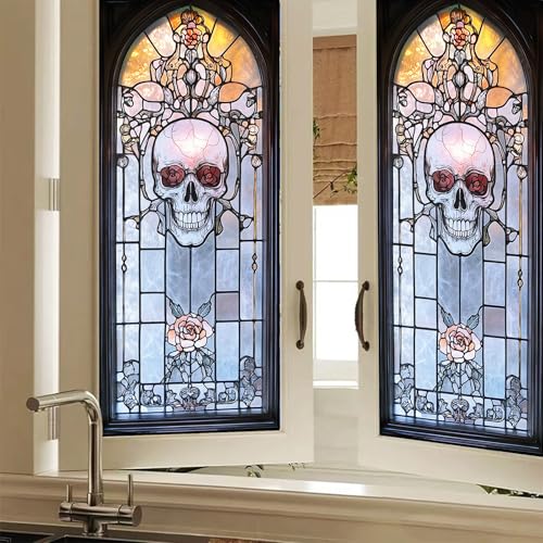Vinilo Decorativo Ventana Calavera y Rosa 17.7x39.3 in miniatura 1