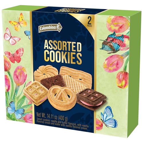 Colombina Assorted Cookies - Spring-Themed Box w/ 3 Types of Sweet Cookies: Vanilla Wafer Cookies, Vanilla and Butter Cookies, and Sandwich Cookies with Vanilla Cream, 14.11oz (400g) (2 packs per bag)