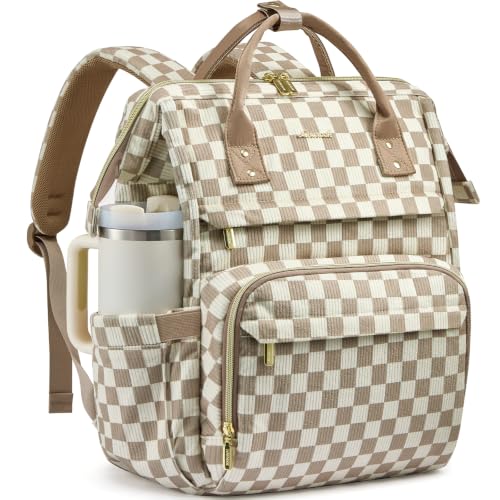 Image of LOVEVOOK Laptop Backpack for Women Men Giant Tumbler Holder,15.6 inch Waterproof Computer Laptop Bag TSA Approved Travel Backpack,Work College Nurse Teacher Backpack Gift Purse,Khaki and White Check