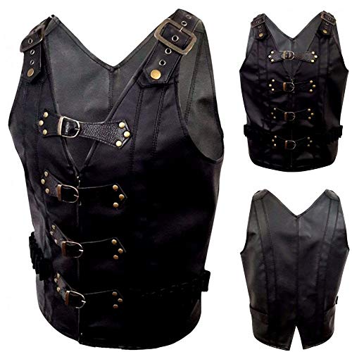 AREENO Mens Black Real Leather, PU Faux Leather Heavy Duty Steampunk Gothic Style Vest Waistcoat