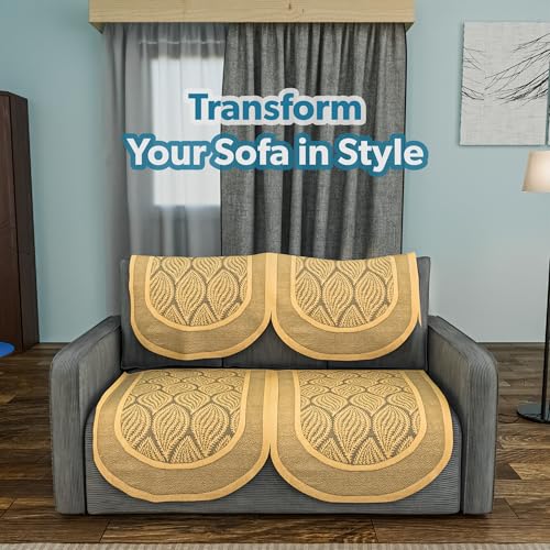 Image of Kuber Industries (Set of 4) Stylish & Durable Net Cotton Sofa Covers 2 Seater | Aesthetic Sofa Protector /Mat & Slipcover for Hall, Living Room & Office | Coconut Bright - Golden