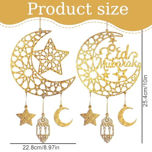 Miniatura 2 de Yazwur 2 Piezas Colgantes Ramadan Mubarak, Cartel De Madera Eid Kareem, Originales Faroles Huecos De Estrella Y Luna, Castillos, Para Musulmanes Islámicos Decoración De Pared Para Hogar, Puerta