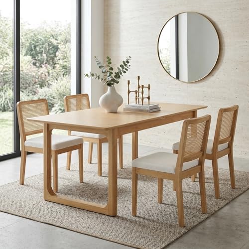 HNY Modern Farmhouse Rattan Dining Chairs Set of 4 Beige Chenille Upholstered Dining Room Chair with Cane Back Mid Century Natural Wood Kitchen Chairs, Boho Accent Wicker Woven Chairs for Li