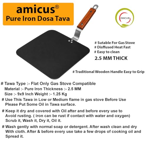 Image of amicus Pure Iron Tawa for Roti Dosa Chapati Omelette, Flat Square Iron Tava, Gas Stove Compatible, 9X9 Inch, 1.25 Kg, Black, 100% Smooth Food Grade, Multi-Purpose Tawa