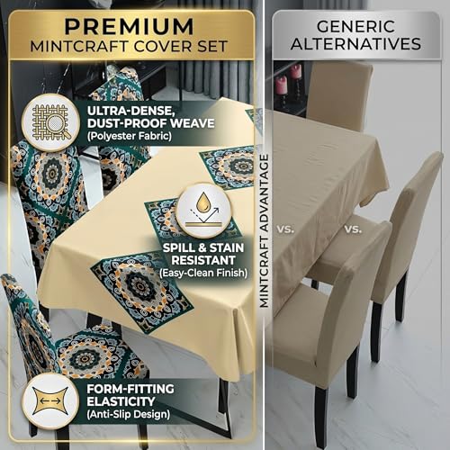 Image of Styleys Dining Table Cover 6 Seater Waterproof with Chair Covers | Table Cover Cloth | Dining Table Cover Cloth Combo - 1 Table Cover + 6 Chair Cover, Beige & Green Mandala, XKFSZB-24