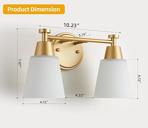 Miniatura 6 de SANKERFAN - 2 luces de tocador de baño, lámpara de pared dorada con vidrio esmerilado, accesorios de iluminación sobre espejo de baño para sala de