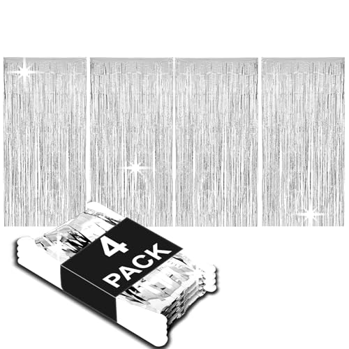 Allgala 4 Pack Silver Metalic Tinsel Party Photo Backdrop Curtain 3.3x6.6 FT (1x2M) Photo Booth Background Curtains Door Fringe Décor Party Streamer for Birthday Graduation New Year Eve