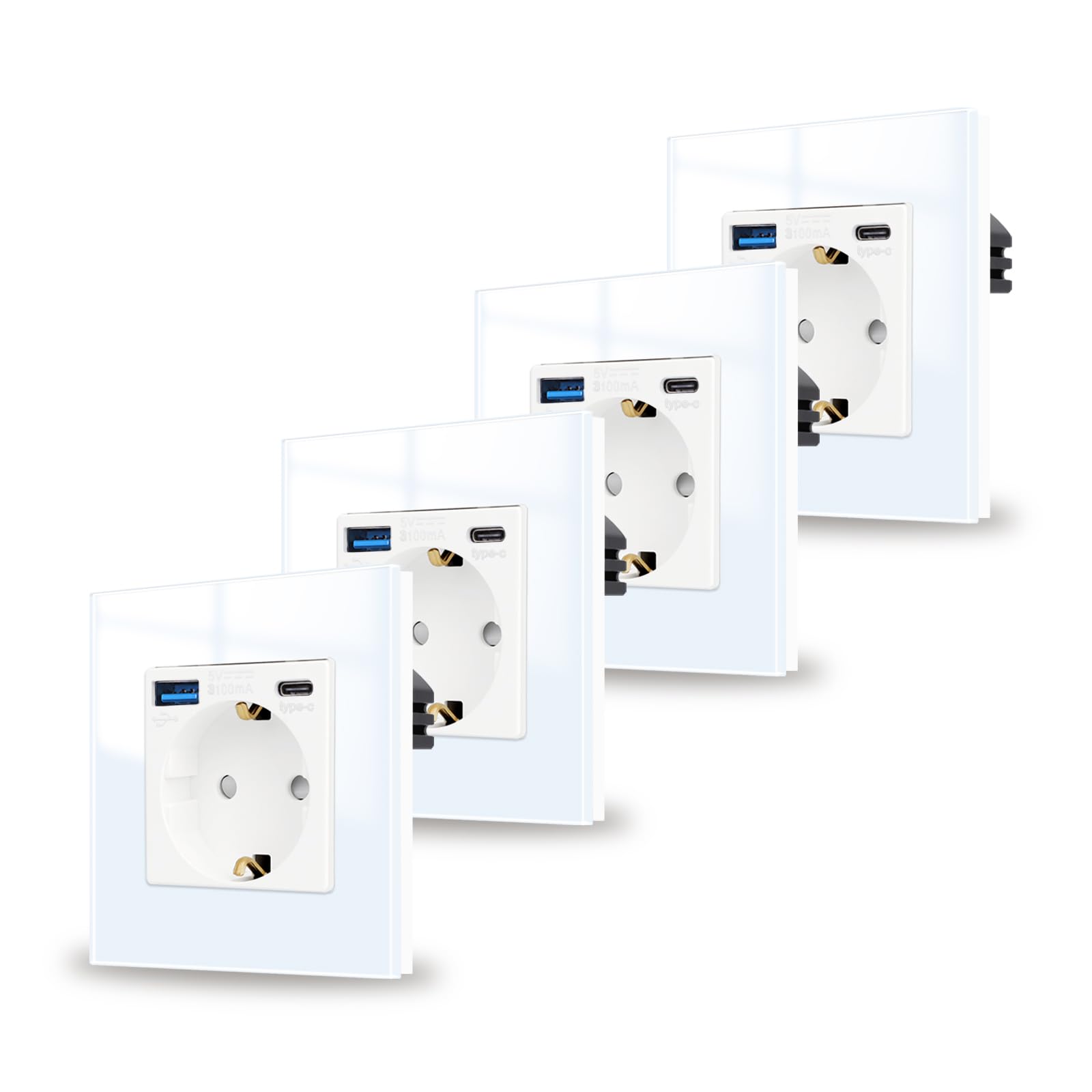JIMEIDA Pack 4 bases con USB 20W cristal blanco de empotrar, 1 compartimento Bases de 16Amp con USB A y Tipo C, 86 * 86mm, 250V