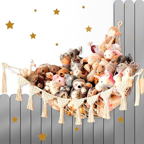 Stuffed Animal Hammock, Toy Hammock for Stuffed Animals Storage for Kids Room Decor, Corner Hanging Mesh Organizer Idea for Nursery, Plushies Toy Wall Hanging Display Holder Kid Gift (White)