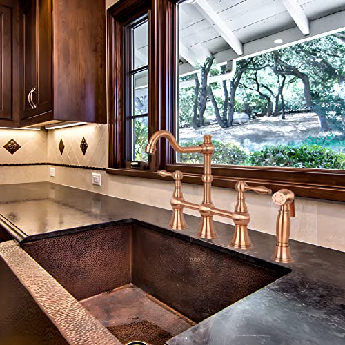 Copper 8-3/8 Inch High Arc Two-Handles Bridge Kitchen Faucet With Side Spray - Five Years Warranty By Akicon- Copper #TOP3