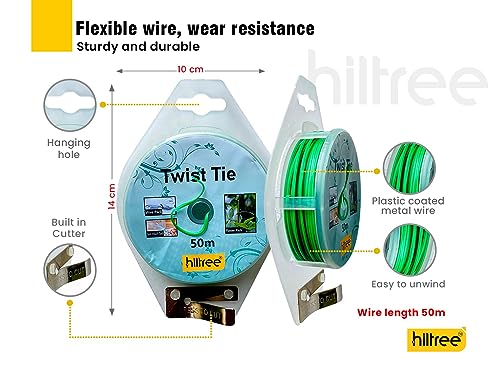 hiltree Twist tie - Spool with Cutter -50 Meter,Multipurpose :Tying Indoor and Outdoor Plants. Tying Headphone Wires, USB Cable,Climbing Plants, Flowers and Trash.Bag Packing,(Green Colour)