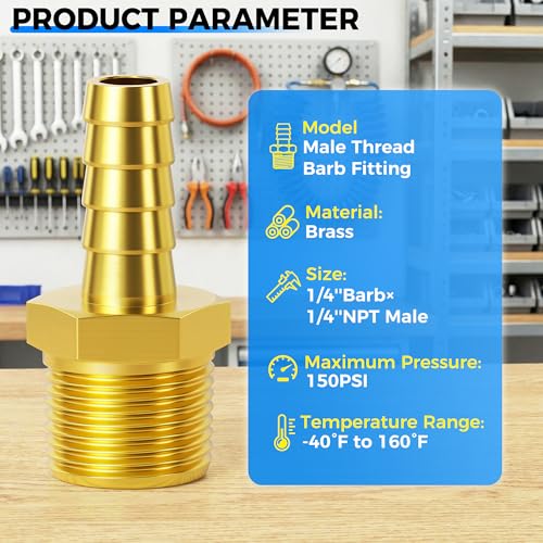 Image of TAILONZ PNEUMATIC Brass Hose Barb Fitting -1 /4 Inch Barb to 1 /4 Inch Male NPT Adapter（Pack of 10）