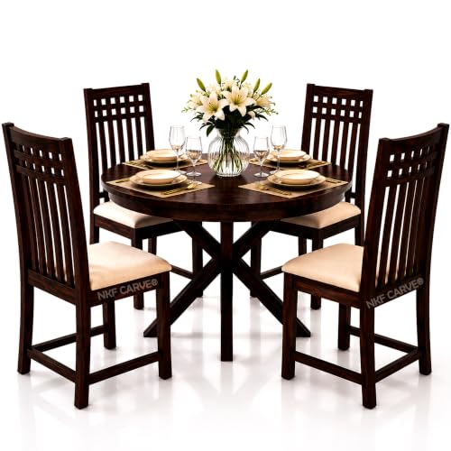 Image of Wooden Dining Table & Chair Set for 4 Person | Solid Sheesham Wood Round Dining Table with Air Grid Backrest & Cushioned Chairs | Modern & Trending Style Design for Home & Dining Room | Walnut Finish