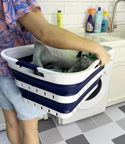 Image of SAMMART 42L (11 gallon) Collapsible Plastic Laundry Basket - Foldable Pop Up Storage Container /Organizer - Space Saving Hamper /Basket (1, White /Starry Blue)