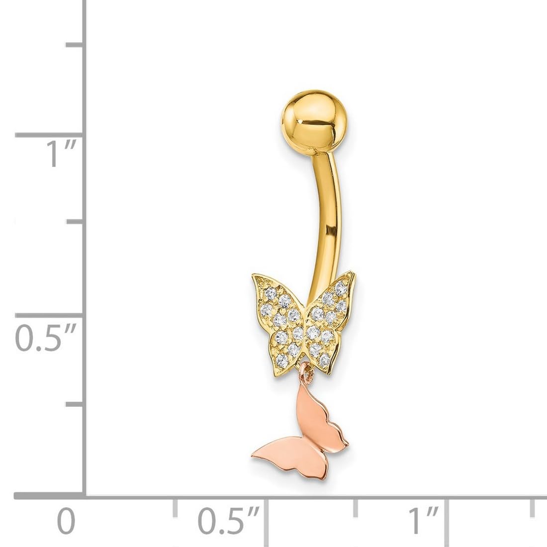 JewelryWeb Bauchnabelpiercing-Ring für Damen, 8,53 mm, 14 Karat massives Gold, zweifarbig, doppelter Zirkonia, künstlicher Diamant, Schmetterling, Engelsflügel, baumelndes Bauchnabelpiercing
