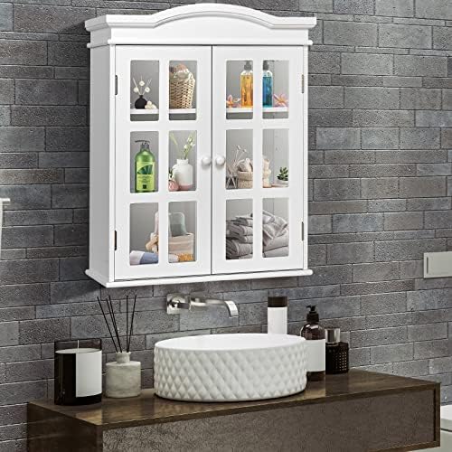 COSTWAY Bathroom Wall Cabinets, Double Door Wall Mounted Storage Cupboard with Adjustable Shelf, Home Kitchen Living Room Wooden Display Organiser Unit, White