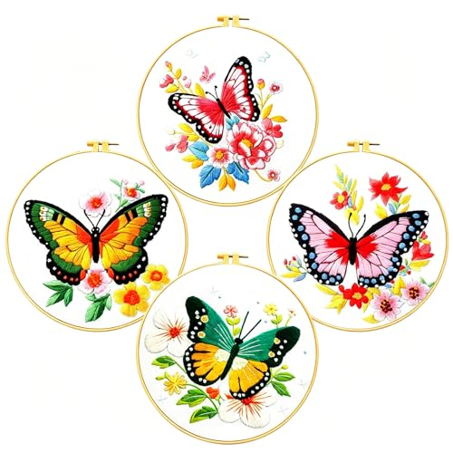 Image of Zhenqing Butterfly Embroidery Kit 11.4x11.4 Inch - Complete Embroidery Set with Fabric, Threads, Needles & Hoop - Beginner-Friendly DIY Craft Kit for Adults (C0040)