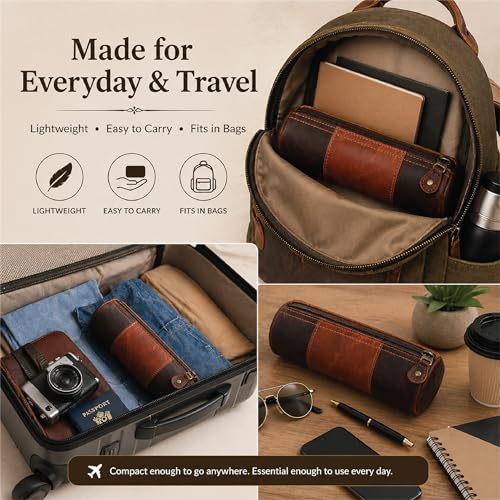 Image of Genuine Leather Pencil Pouch, Handcrafted Zipper Organizer Case with Wrist Strap, Durable Multi-Purpose Storage for Stationery, Travel & Accessories, 8 x 2.5- Brown