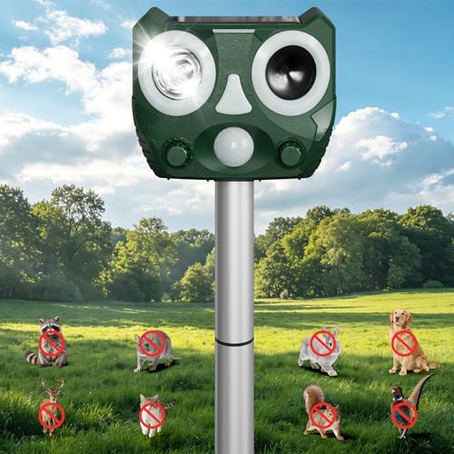 Upgraded Outdoor Ultrasonic Solar Animal Repellent with Flash Light,Sound